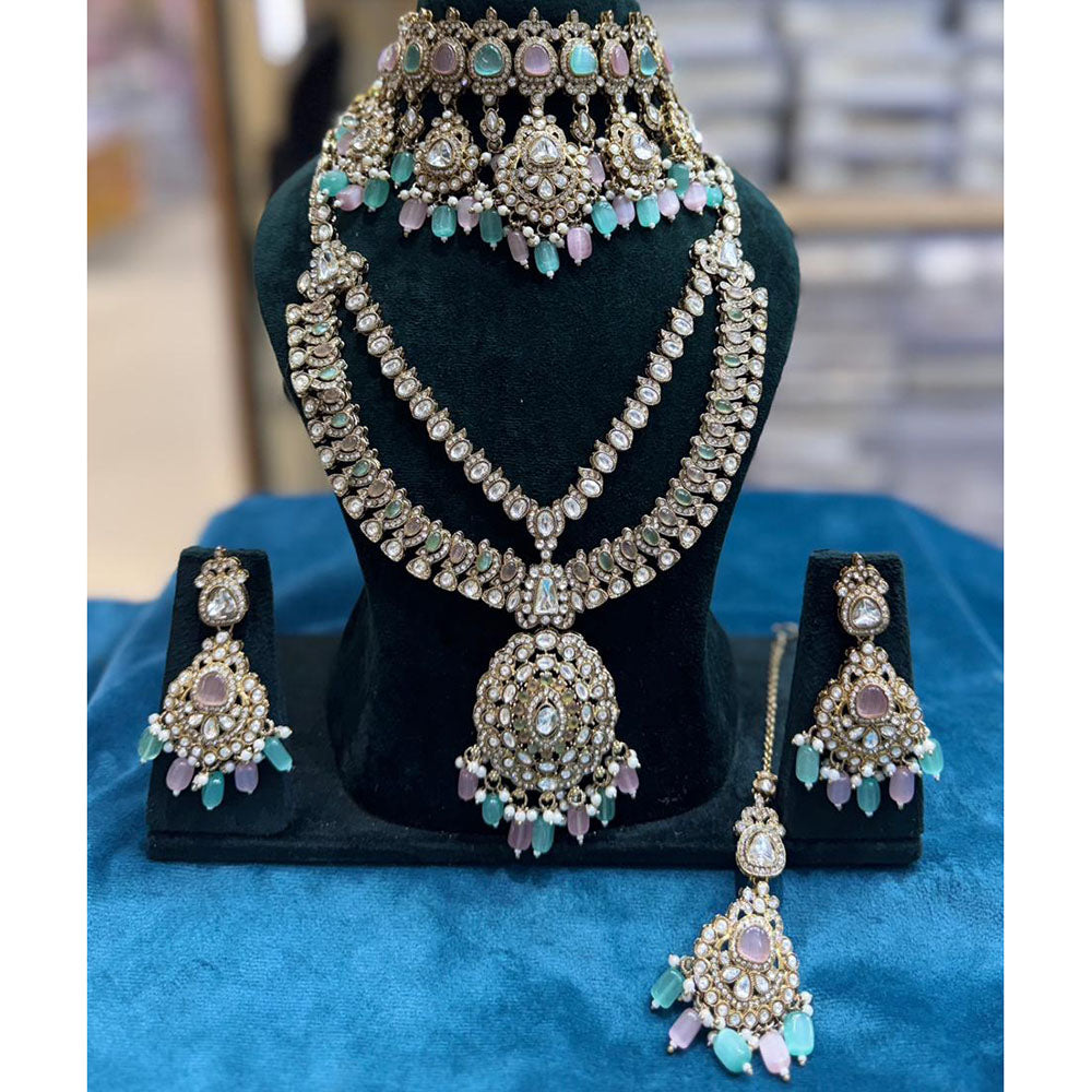 JCM Grand Polki Kundan Stone Pearl And Beads Double Necklace Set