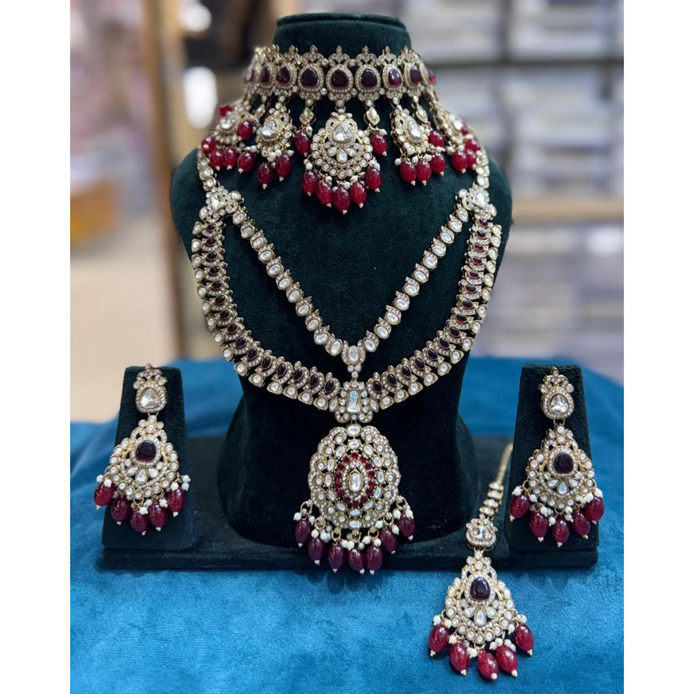 JCM Grand Polki Kundan Stone Pearl And Beads Double Necklace Set
