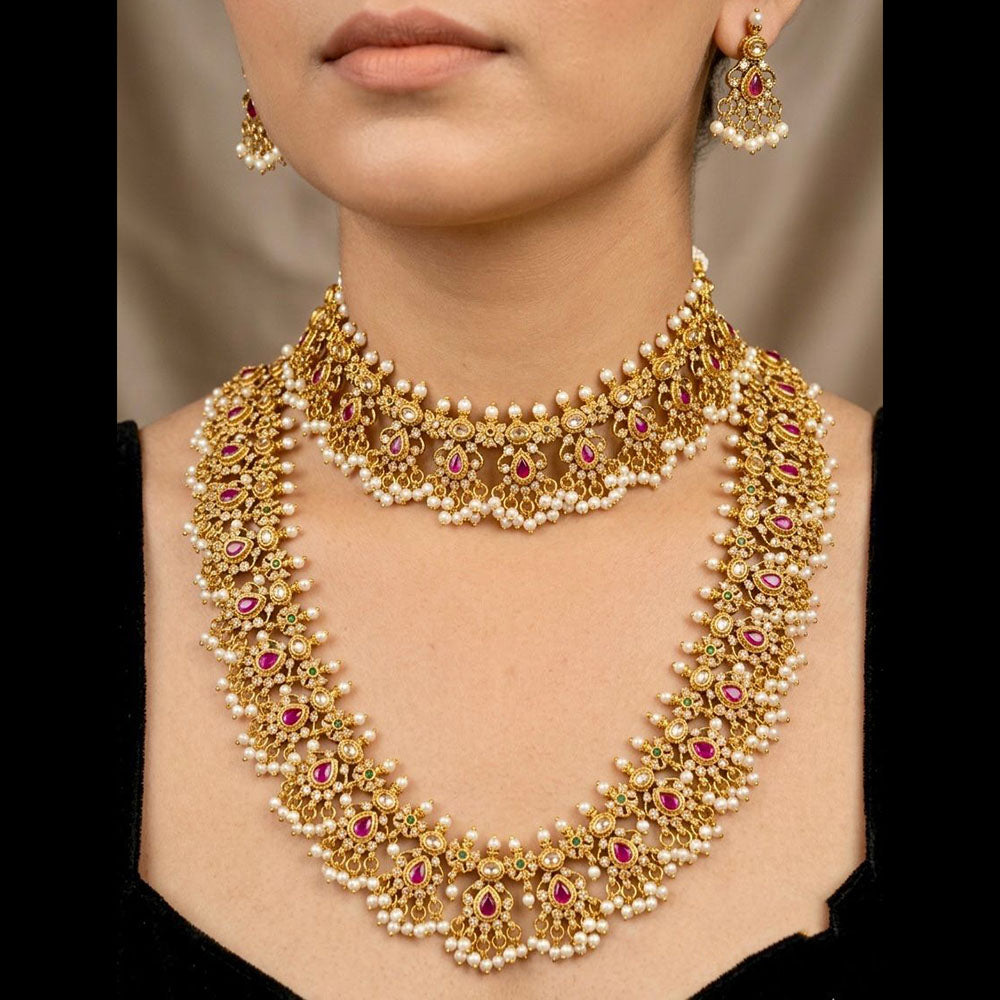 JCM Ethnic Style Pota Stones And Pearl Double Necklace Set