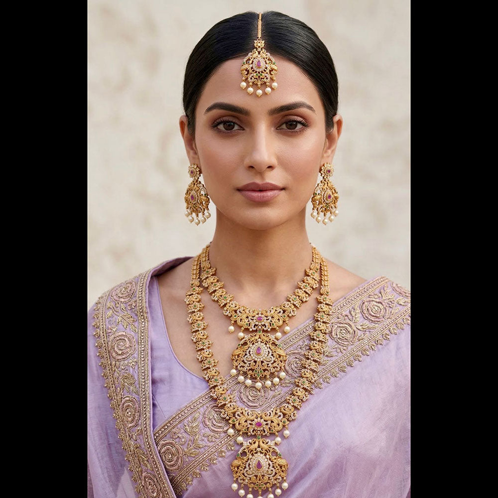 JCM Ethnic Style Pota Stones And Pearl Double Necklace Set