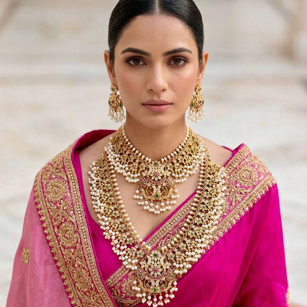 JCM Ethnic Style Pota Stones And Pearl Double Necklace Set