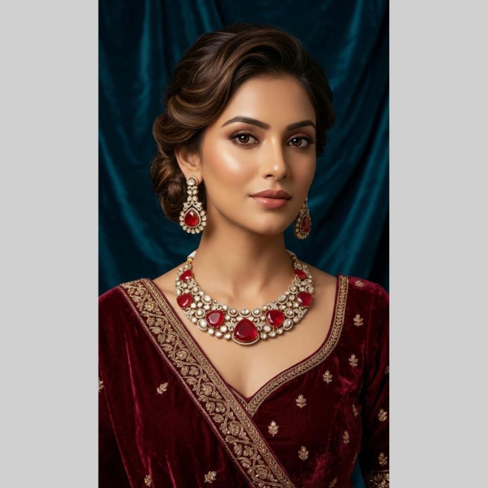 JCM Grand Polki Kundan Stone Statement Necklace Set