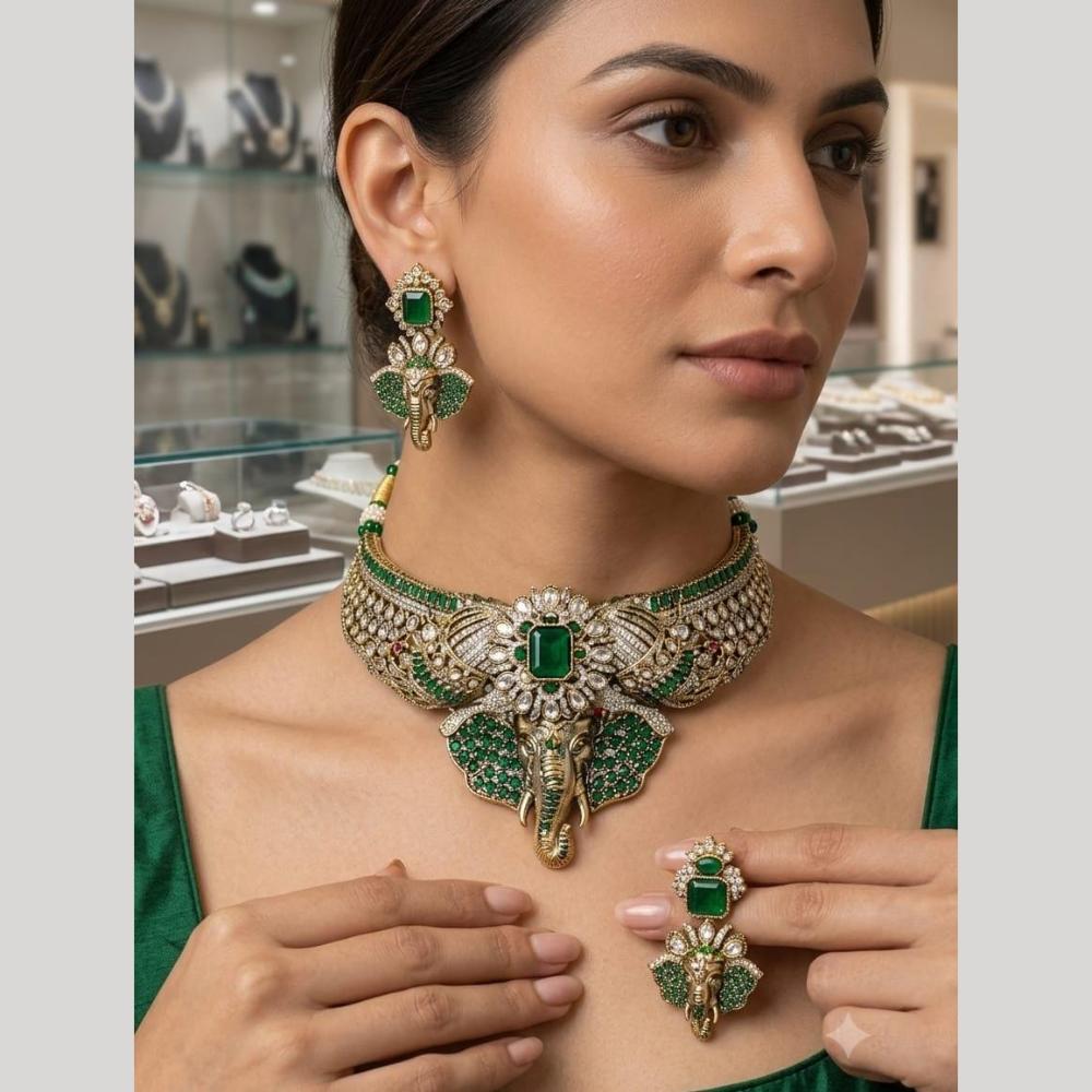 JCM Maharani Style Pota Stone And Austrian Stone Ganesha Choker Necklace Set