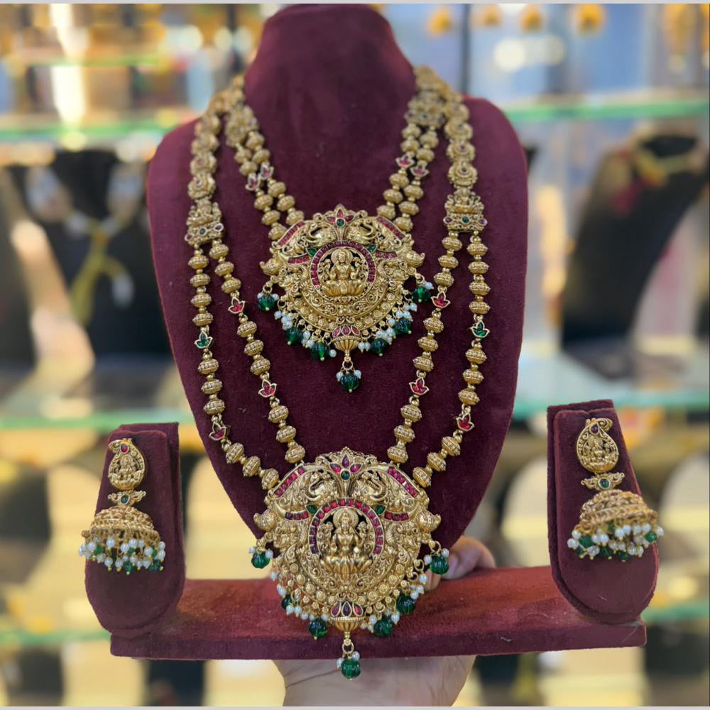 JCM South Indian Touch Pota Stone And Pearl Double Temple Necklace Set