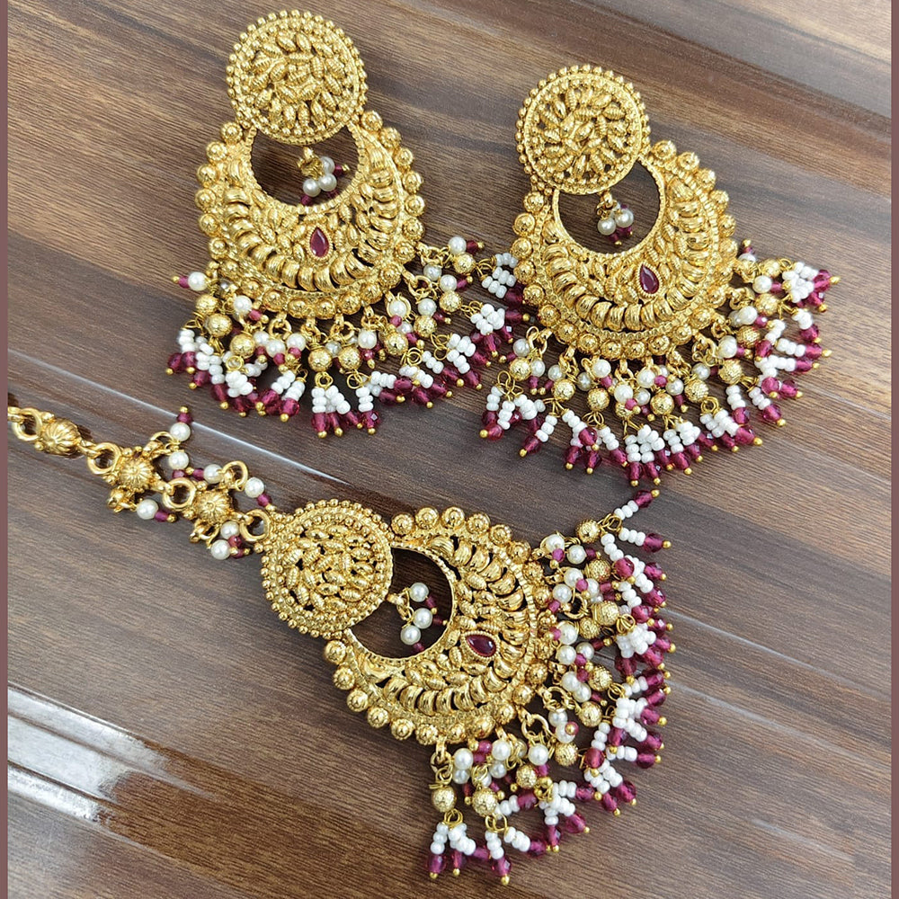 JCM Premium Pota Stone And Pearl Dangler Earrings With Maangtikka