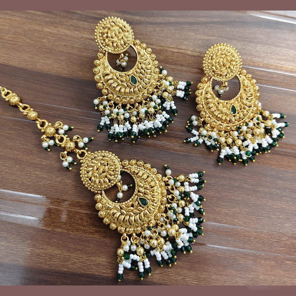 JCM Premium Pota Stone And Pearl Dangler Earrings With Maangtikka