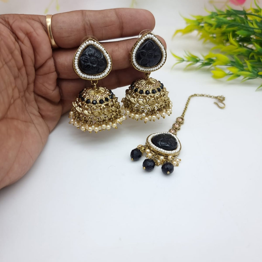 JCM Festive Pota Stone And Pearl Jhumki Earrings With Maangtikka