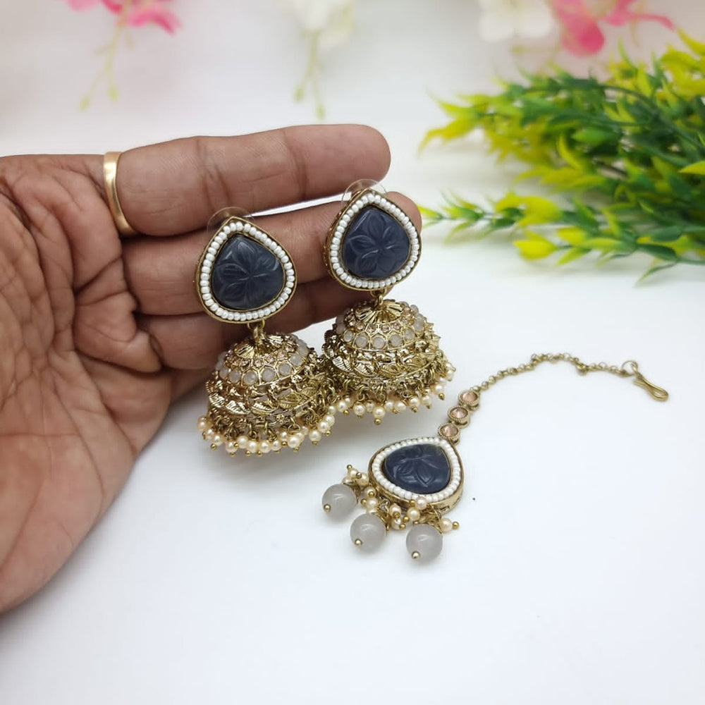 JCM Festive Pota Stone And Pearl Jhumki Earrings With Maangtikka