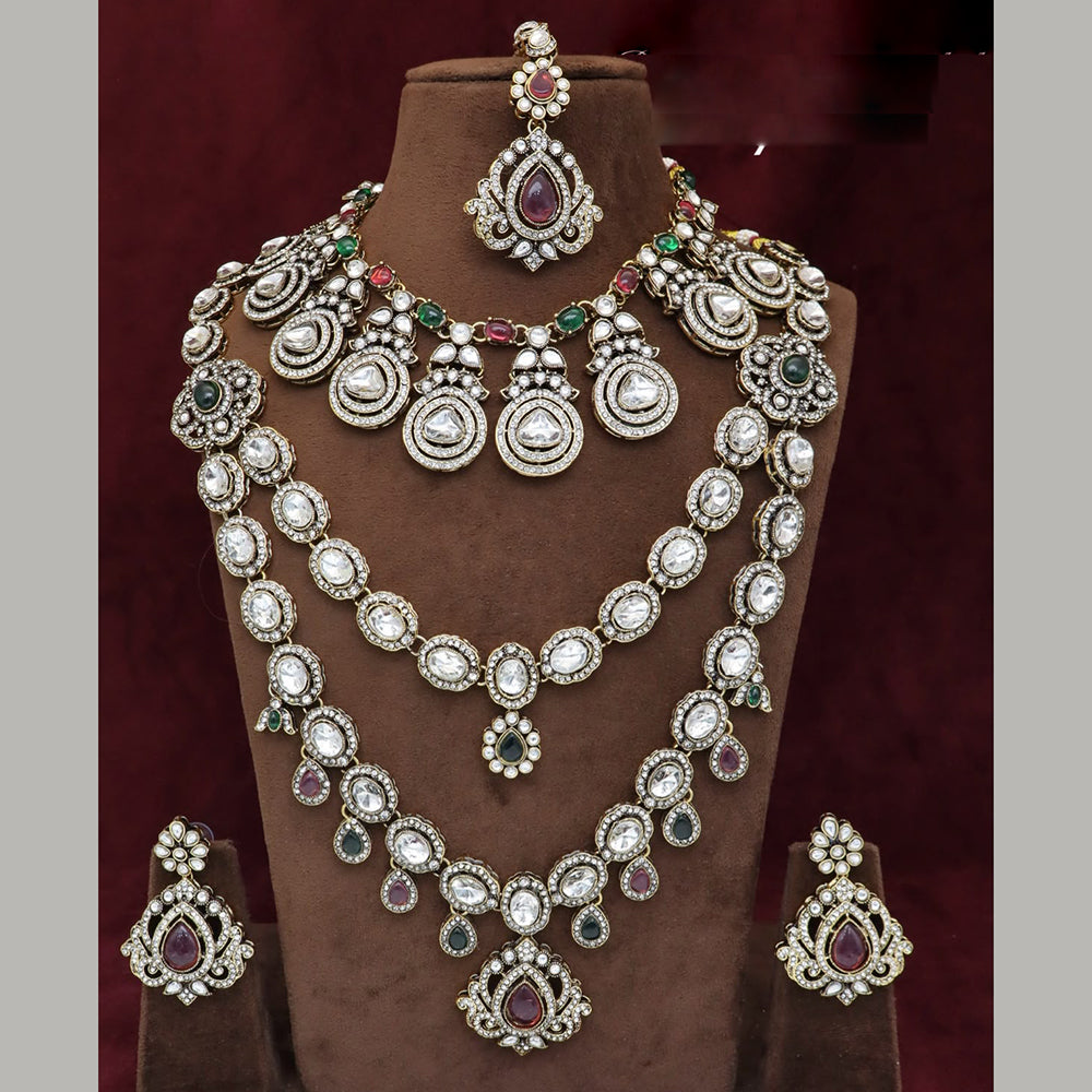 JCM Exquisite Pota Stone And Kundan Stone Double Necklace Set