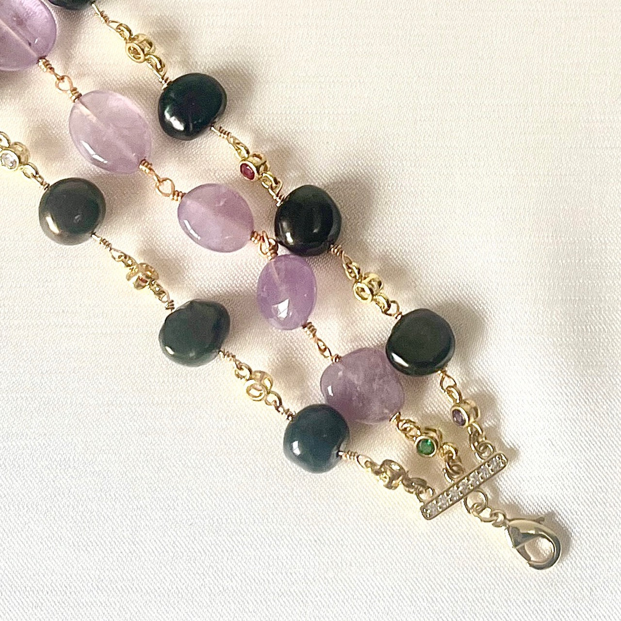 Jewel Treatzz 3 Line Amethyst & Enameld Pearls Gold Plated Bracelet