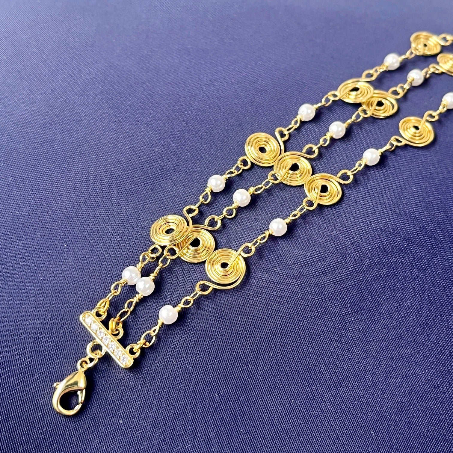 Jewel Treatzz Adorable Everyday Wear 3 Line Gold Plated Pearl Long Chain Fashion Bracelet
