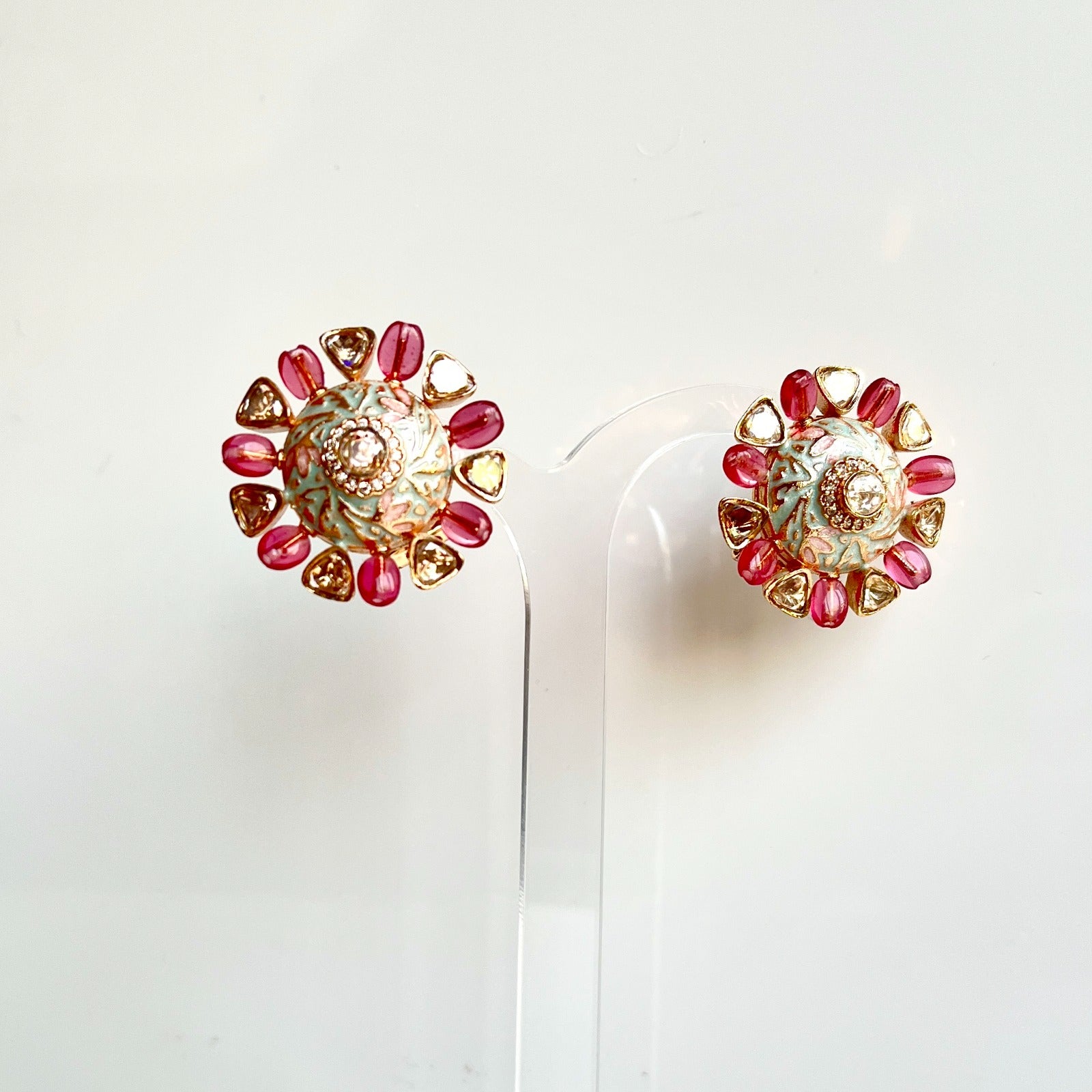 Jewel Treatzz Floral Hand Enamel with Uncut Polki Kundan, Rose Oval Quartz Gold Plated Top Earrings