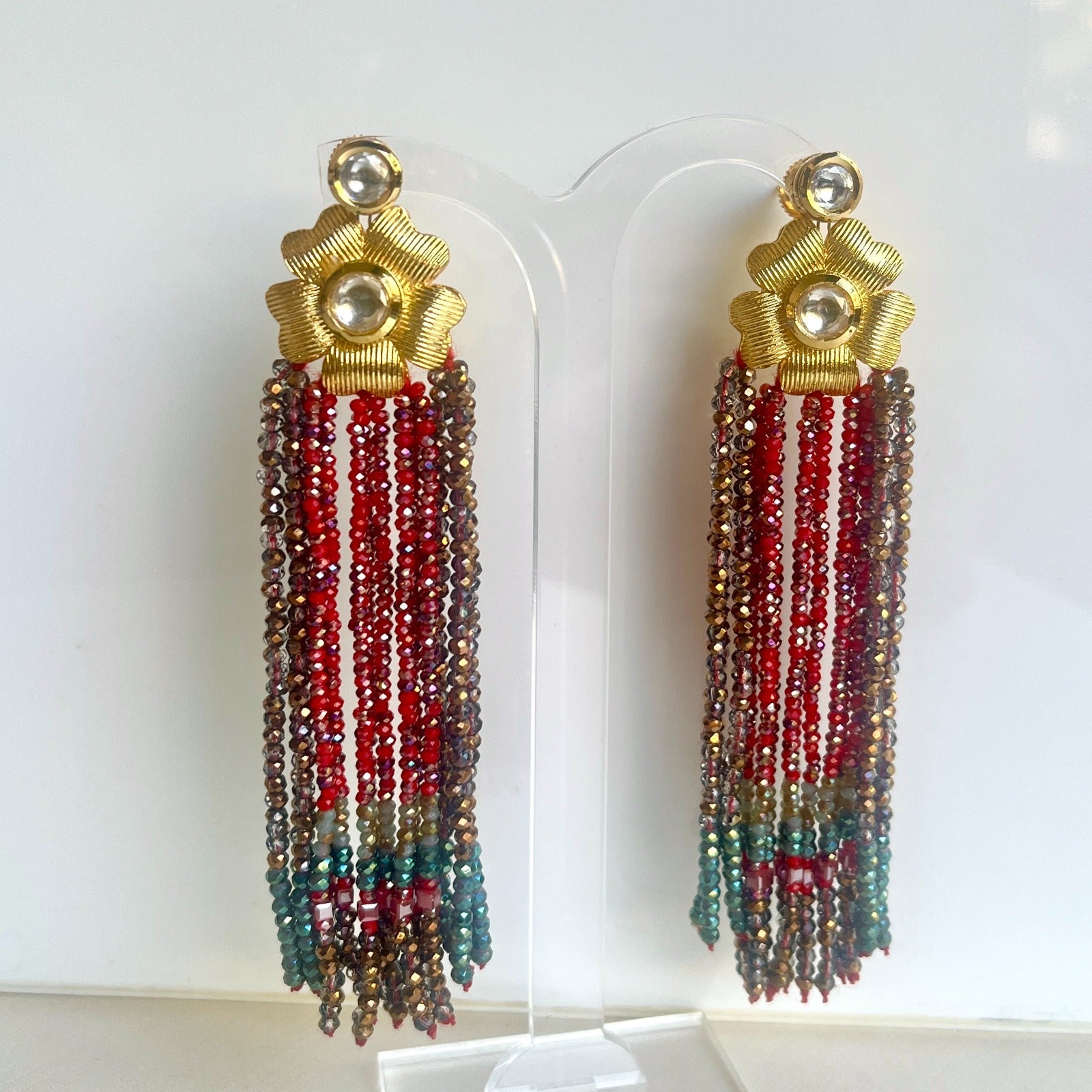 Jewel Treatzz Gold Plated Long Hand enameled Tassel Earrings Eith Kundan & Green Agate Crystals
