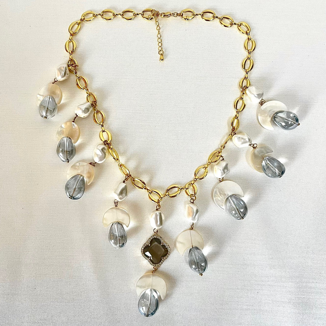 Jewel Treatzz Moon Shapes Mother Of Pearls Translucent Aqua Quartz With Clover Flower Chian Necklace