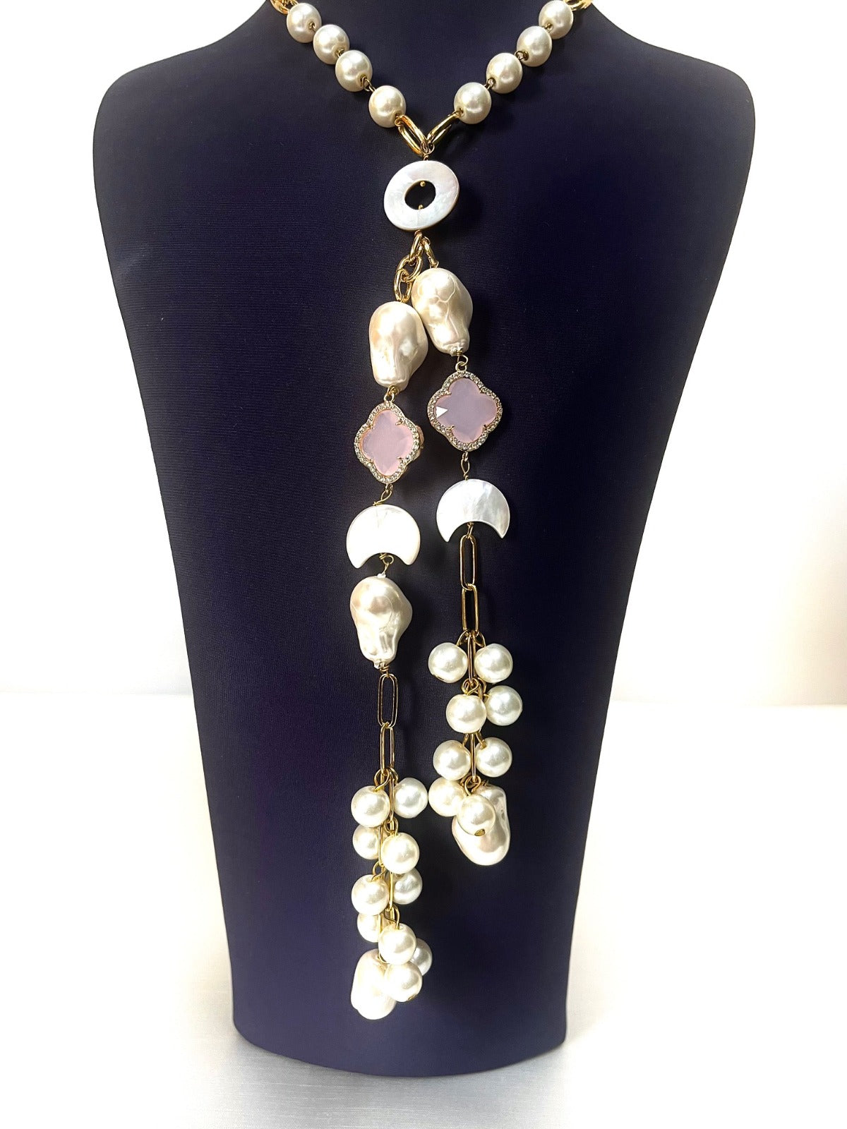 Jewel Treatzz Moon Shapes Mother Of Pearls Translucent Aqua Quartz With Clover Flower Chian Necklace