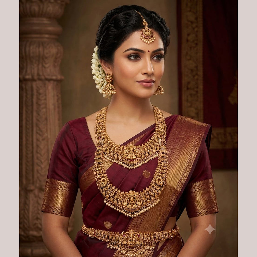 Naitika Arts South Indian Pota Stone And Temple Jewellery Necklace Set With Waist Belt