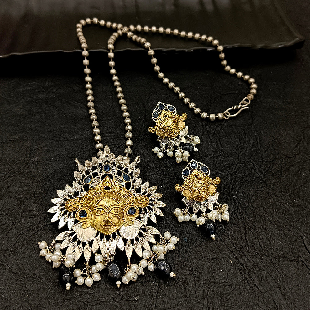 Deep Jewell 2 Tone Plated Temple And Pearl Necklace Set