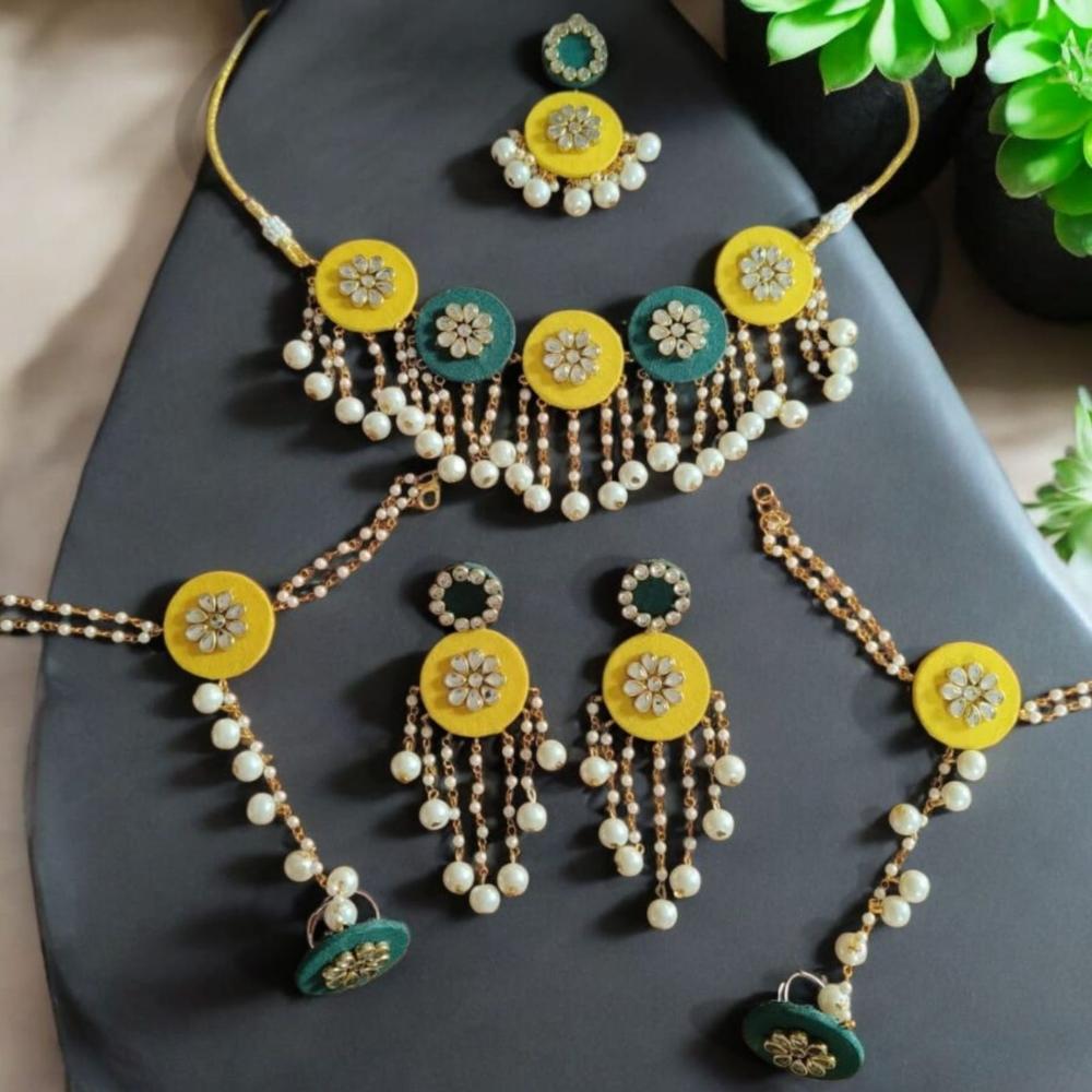 Handmade For Her Yellow-Green Thread & Pearl Bridal Jewelry Set – Handmade Haldi Mehndi Floral Jewellery for Bride