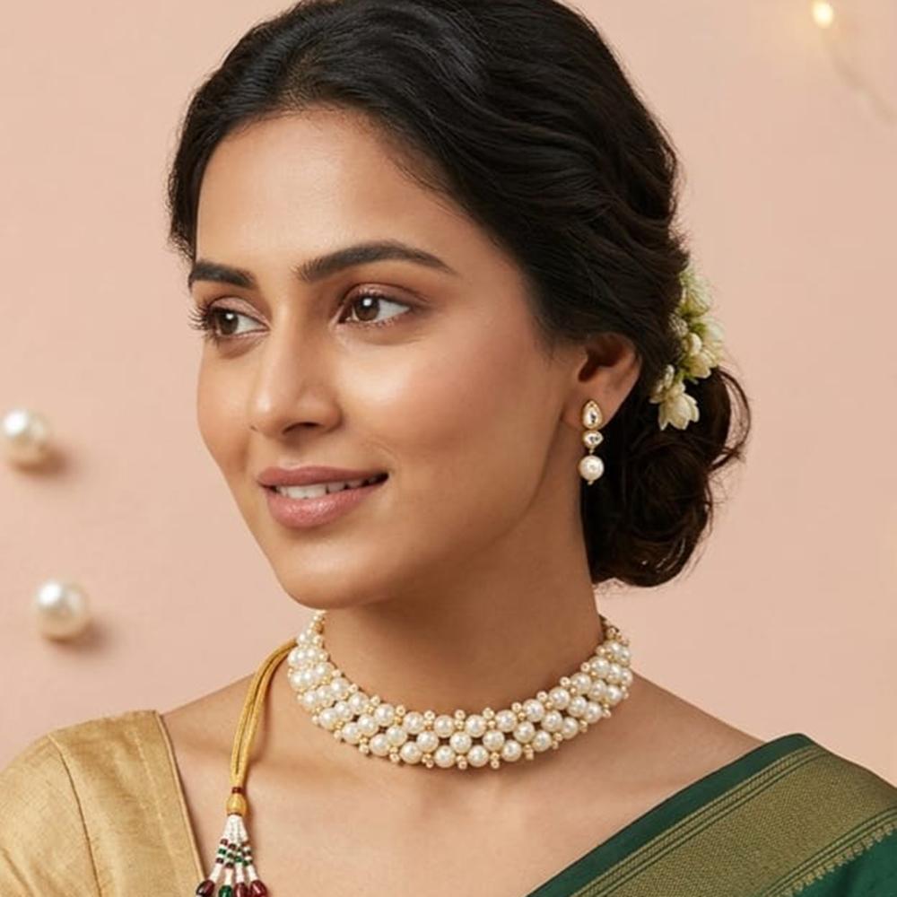 Handmade For Her Handmade Kundan Pearl Choker Neckalce Set For Women And Girls