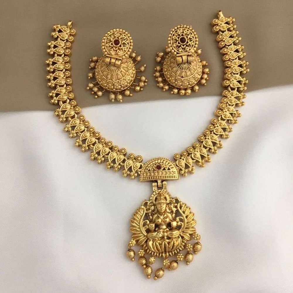 Joyful Jewel Art Matte Gold Plated Pota Stone Temple Necklace Set