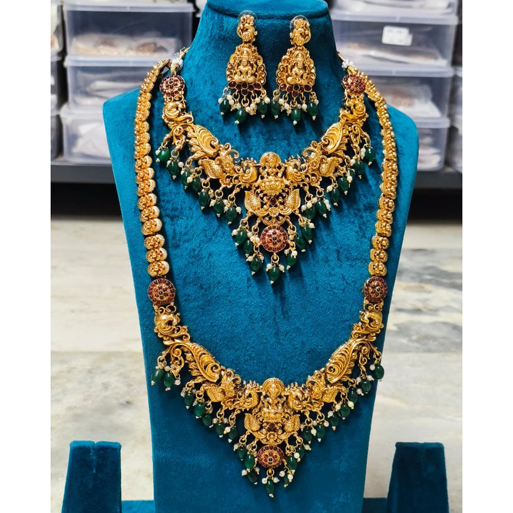 Joyful Jewel Art Matte Royal Look Pota Stone And Temple Double Necklace Set