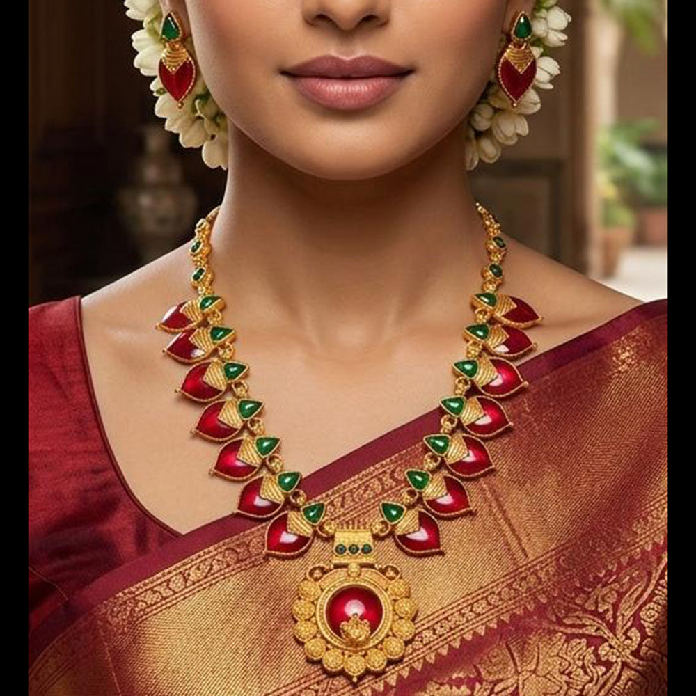 Joyful Jewel Art Traditional Matte Pota Stone Long Necklace Set