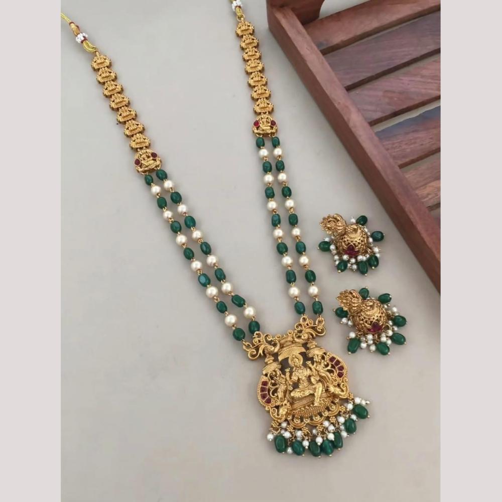Joyful Jewel Art Traditional Matte Pota Stone And Pearl Temple Necklace Set