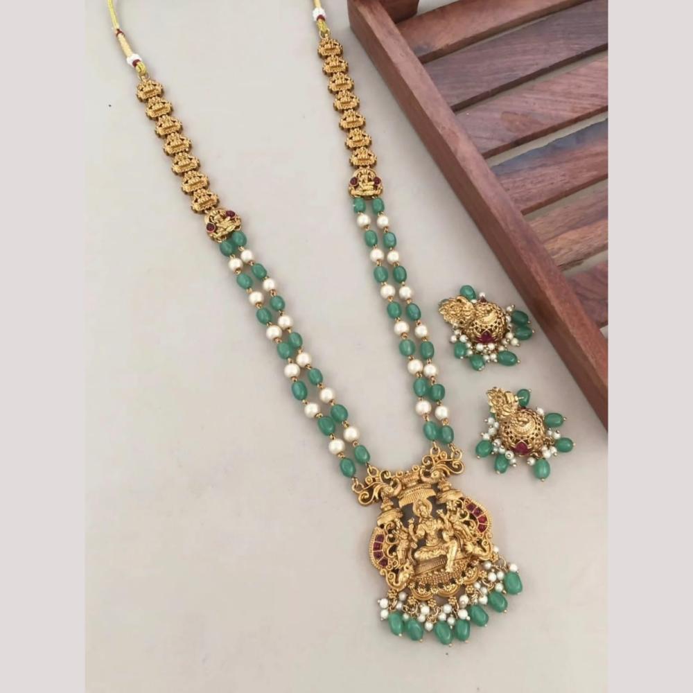 Joyful Jewel Art Traditional Matte Pota Stone And Pearl Temple Necklace Set