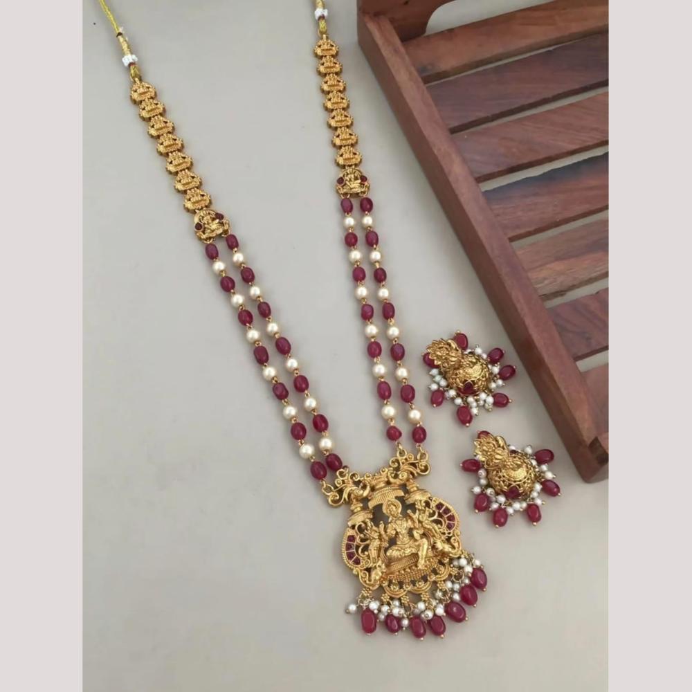 Joyful Jewel Art Traditional Matte Pota Stone And Pearl Temple Necklace Set