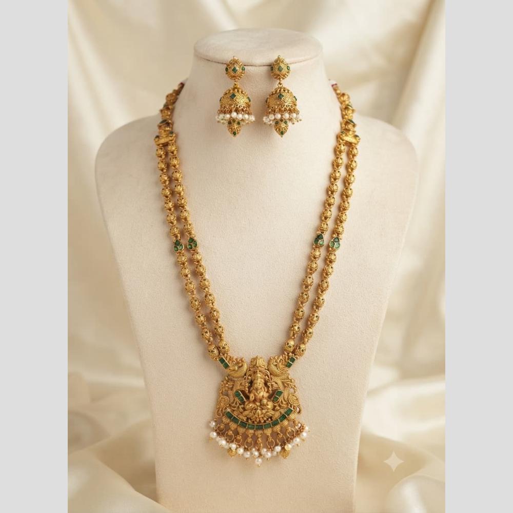 Joyful Jewel Art Traditional Matte Pota Stone And Pearl Temple Long Necklace Set