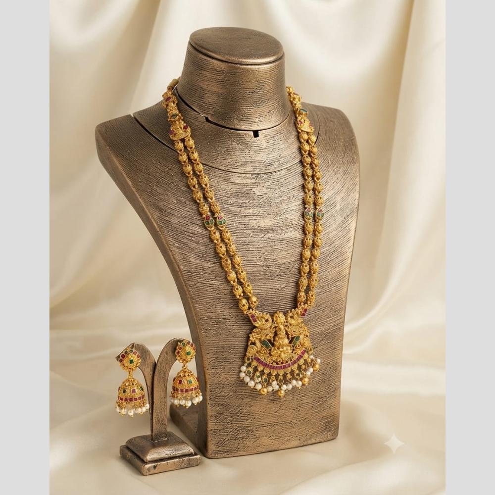 Joyful Jewel Art Traditional Matte Pota Stone And Pearl Temple Long Necklace Set