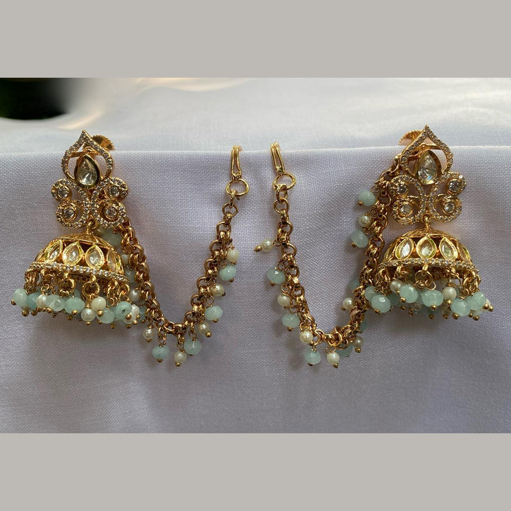 Amoliya Jewels Gold Plated Polki Kundan And Pearls Jhumki Earrings With Kanchain