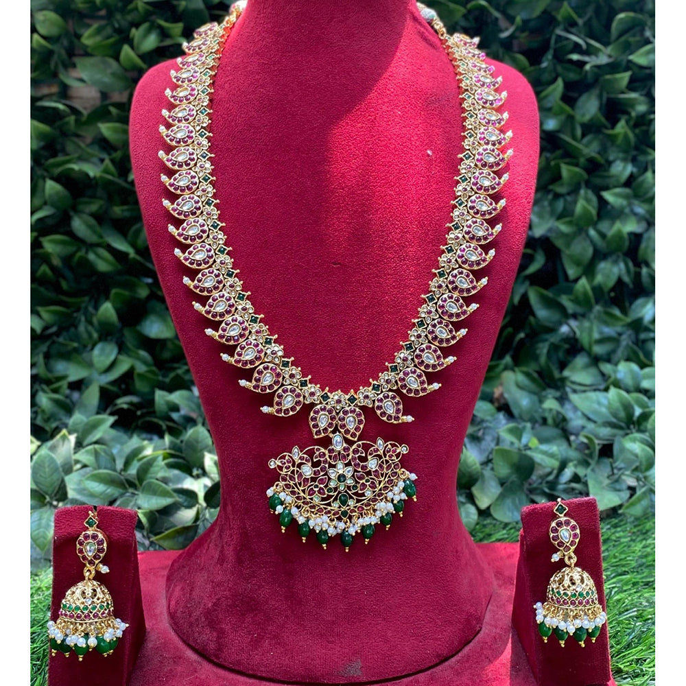 Amoliya Jewels Designer Pota Stone And Pearl And Beads Long Necklace Set