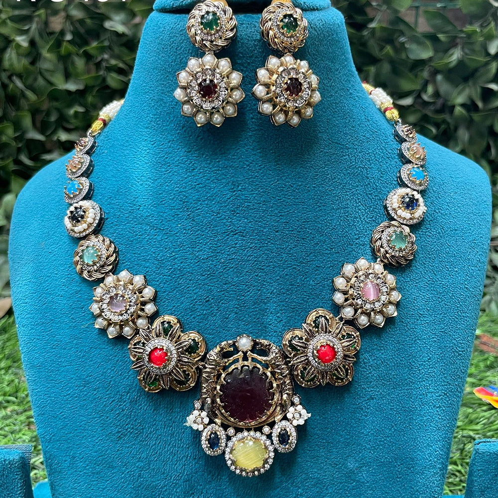 Amoliya Jewels Designer Pota Stone Pearl And Beads Necklace Set