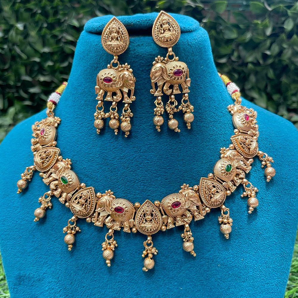 Amoliya Jewels Premium Pota Stone And Pearl Elephant Necklace Set