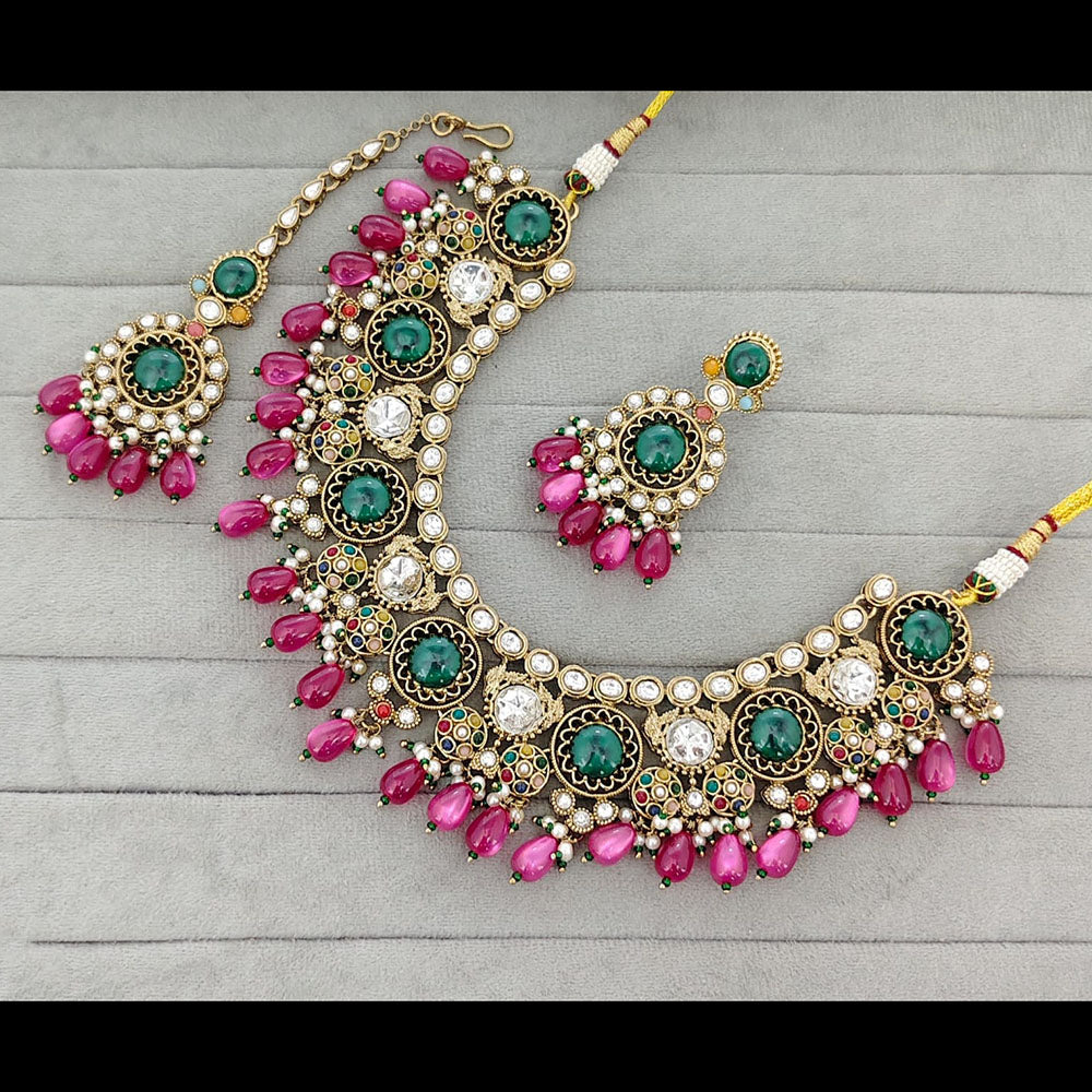 Rajwadi Collection Graceful Pota Stone And Pearl Necklace Set With Earrings
