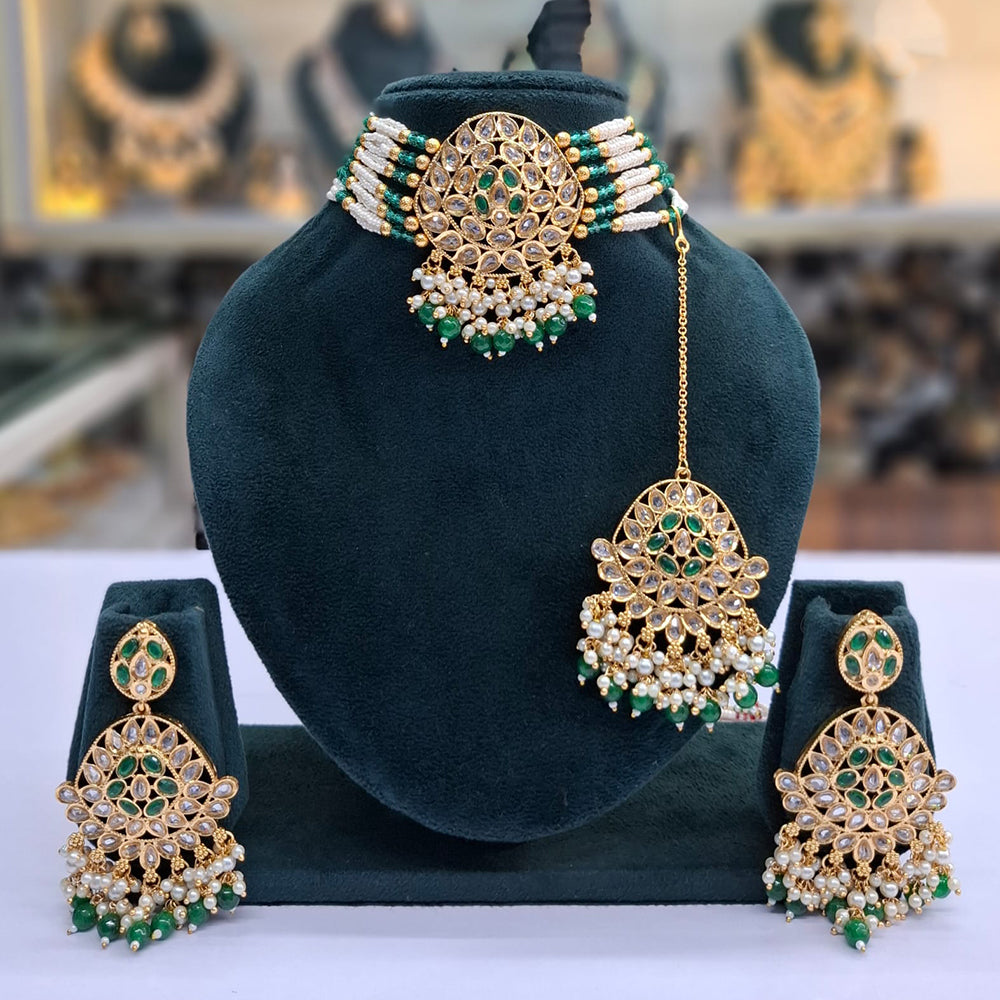Rajwadi Collection Grand Crystal Stone Pearl And Beads Choker Necklace Set