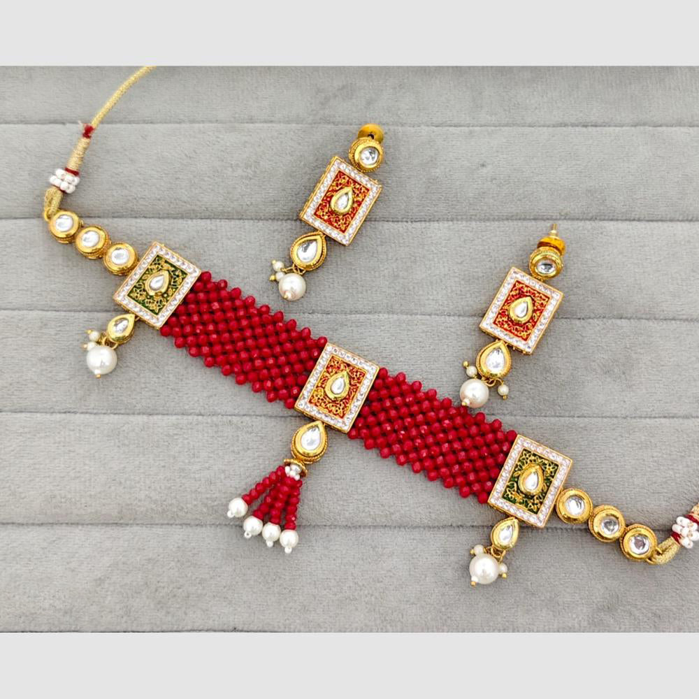 Rajwadi Collection Traditiona Kundan Stone And Meenakari Pearl Choker Necklace Set