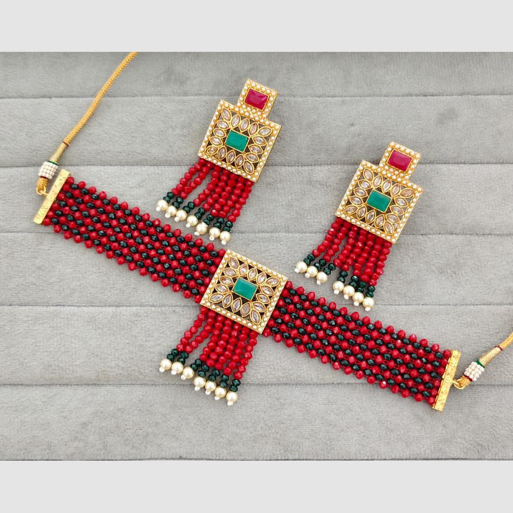 Rajwadi Collection Grand Crystal Stone Pearl And Beads Choker Necklace Set
