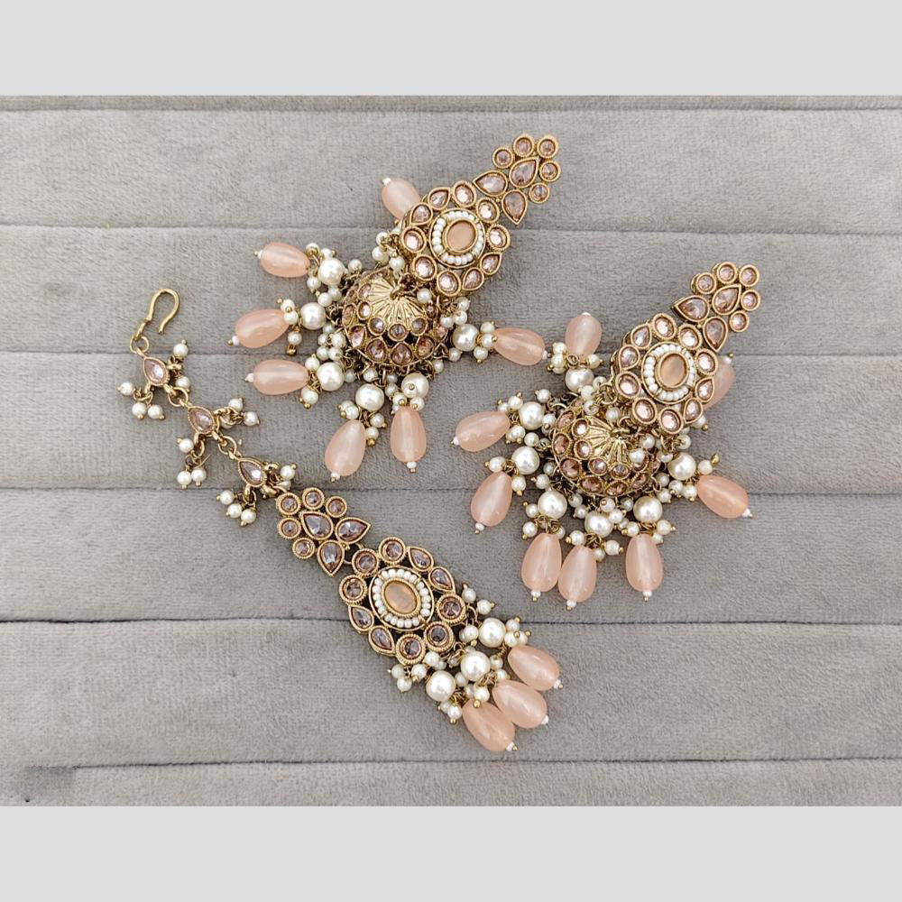 Rajwadi Collection Royal Crystal Stone And Pearl Designer Jhumki Earrings With Maangtikka