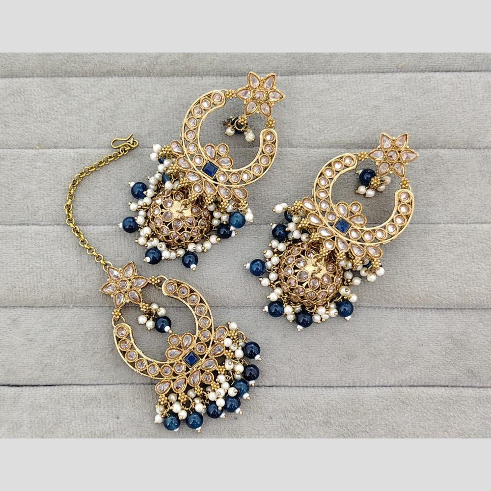 Rajwadi Collection Royal Crystal Stone And Pearl Designer Jhumki Earrings With Maangtikka