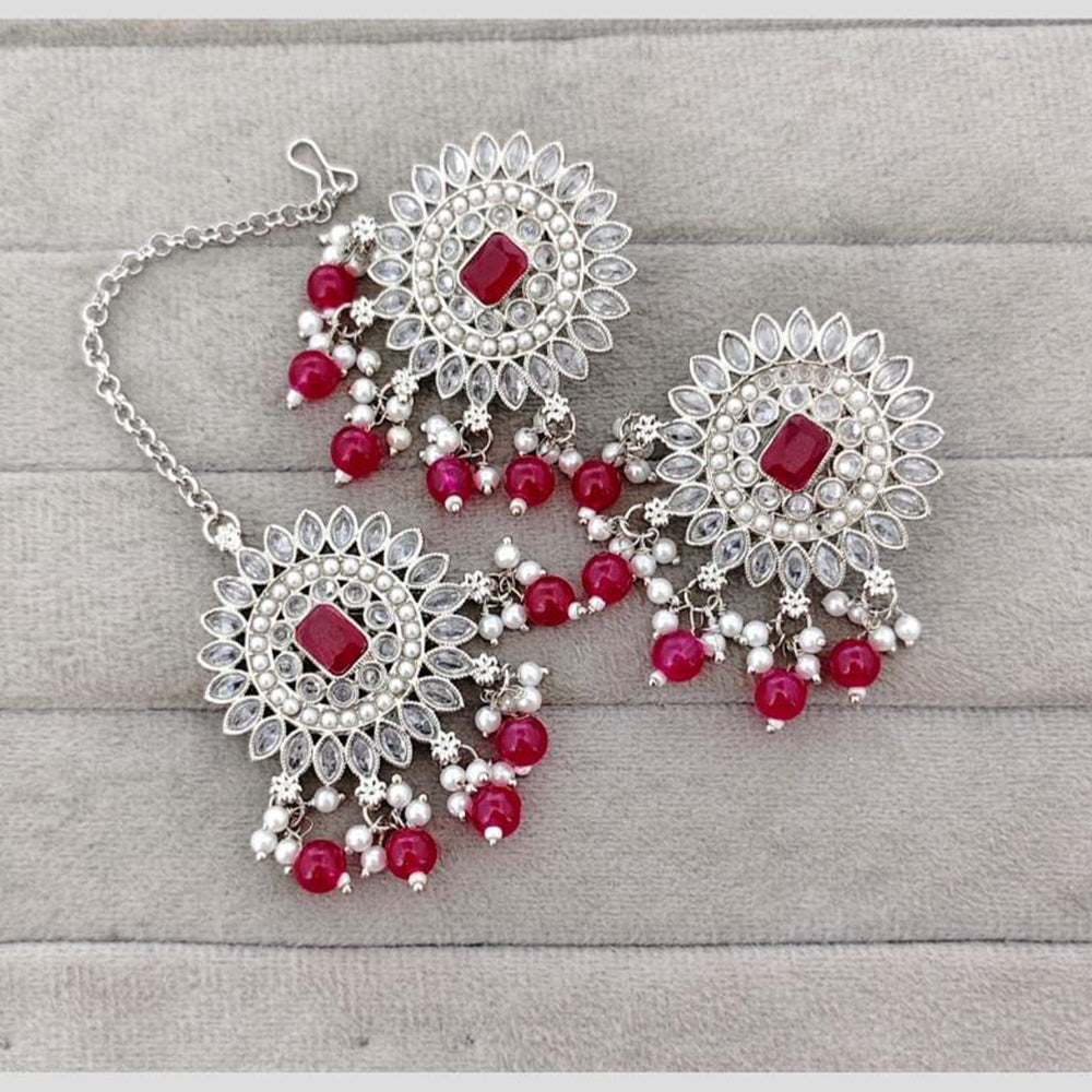 Rajwadi Collection Royal Crystal Stone And Pearl Designer Dangler Earrings With Maangtikka
