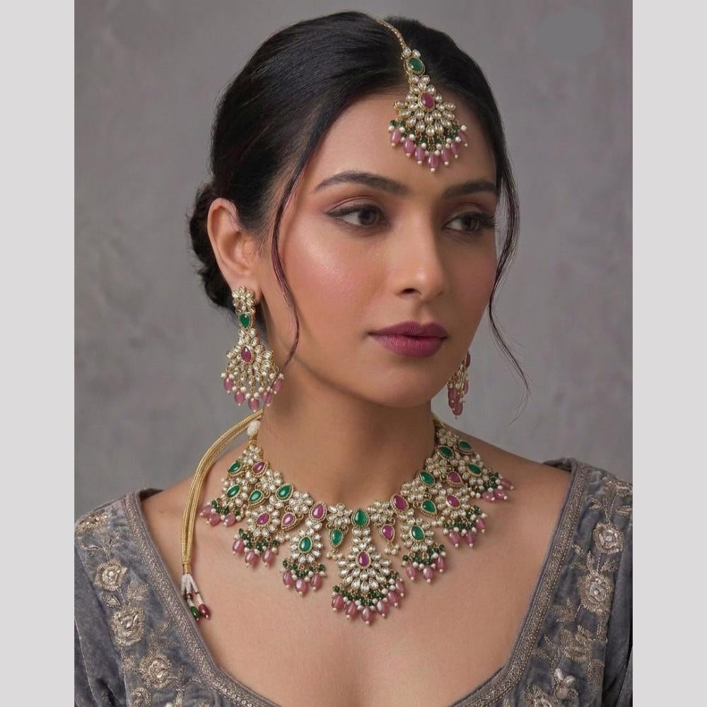 Rajwadi Collection Glam Pota Stone Beads And Pearl Traditional Choker Necklace Set