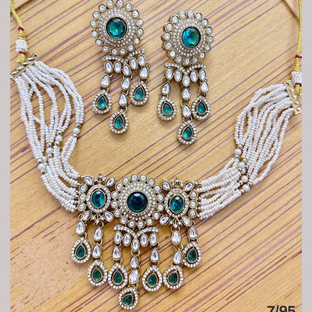 Rajwadi Collection Premium Pota Stone And Pearl Choker Necklace Set