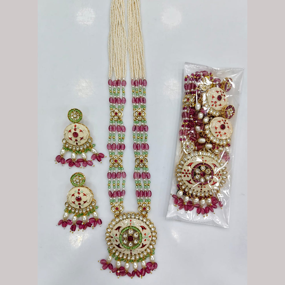 Rajwadi Collection Premium Pota Stone And Pearl Meenakari Long Necklace Set