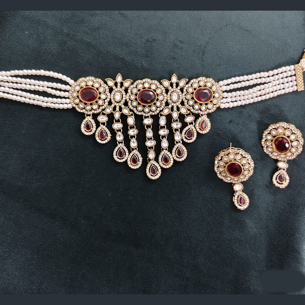 Rajwadi Collection Crystal Stone And Pearl Designer Choker Necklace Set for Women
