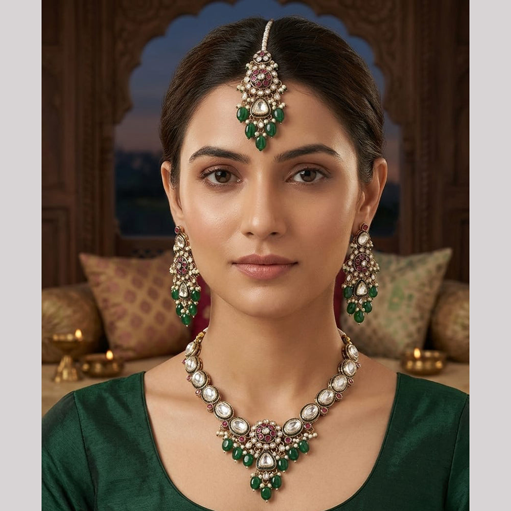Rajwadi Collection Elegant Pota Stone Pearl And Beads Necklace Set