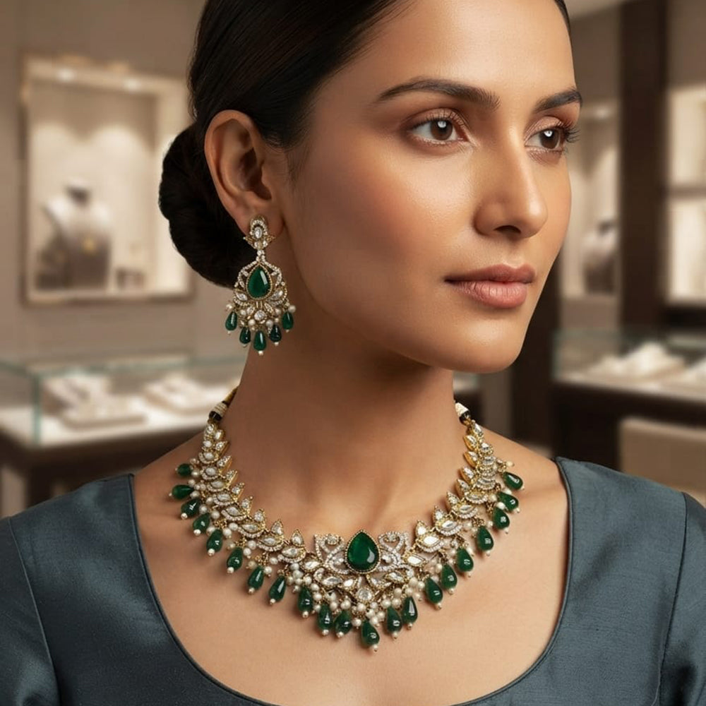 Rajwadi Collection Exquisite Polki Kundan Stone Pearl And Beads Necklace Set