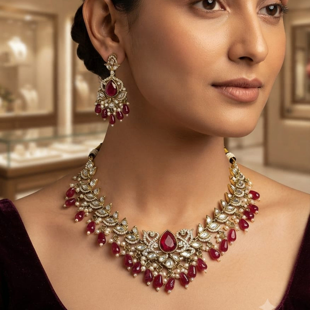 Rajwadi Collection Exquisite Polki Kundan Stone Pearl And Beads Necklace Set
