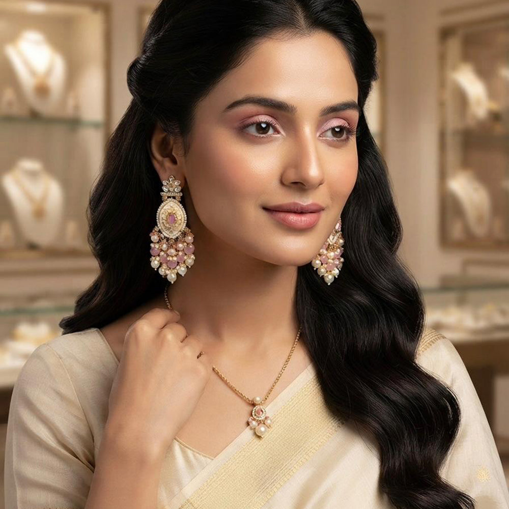 Rajwadi Collection Elegant Kundan Stone and Pearl Meenakari Dangler Earrings